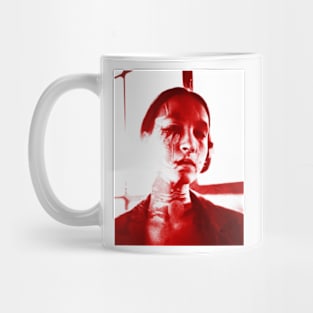 Beautiful girl, with some scars and tattoo. Like warrior. Red. Dark and beautiful. Mug